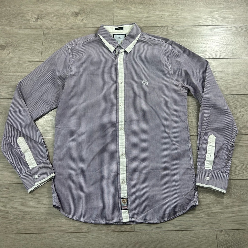 XDNY Slim Fit Purple Stripe Button Up Dress Shirt